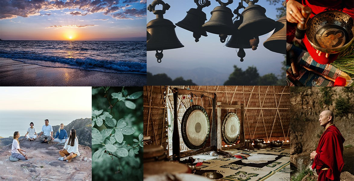 Collage with Ocean, Bells, Singing Bowl, Meditation, Plants, Gongs and Monk